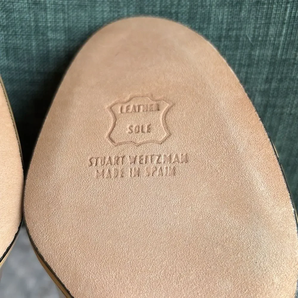 Stuart Weitzman Women’s nude tan big bow peep toe patient leather heel 7.5 EUC!